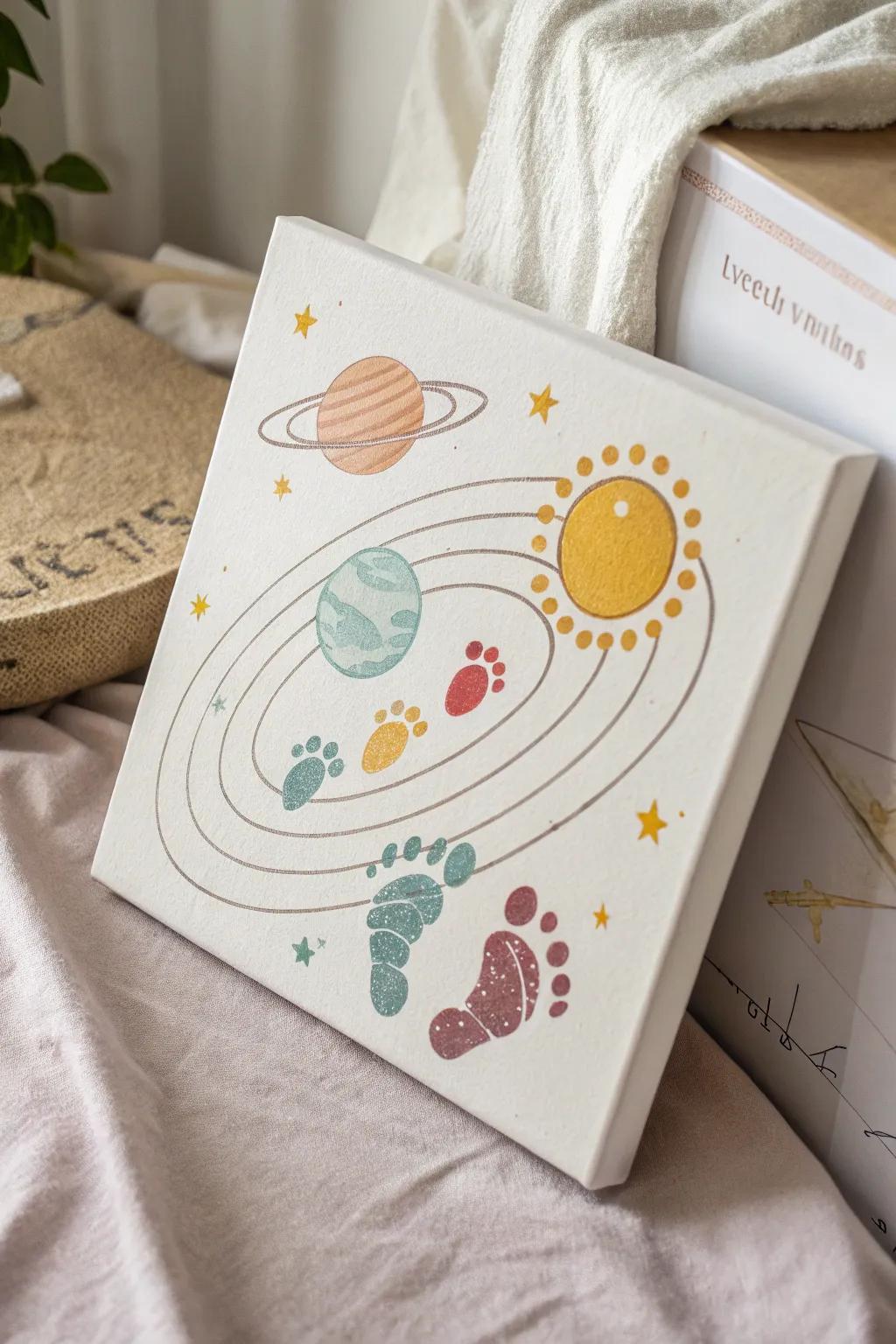 Embark on a cosmic journey with baby footprints as planets orbiting a radiant sun.