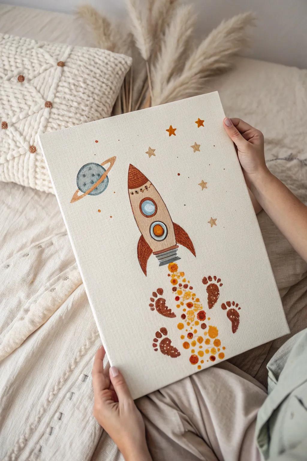 Launch into space with a whimsical rocket ship made from baby footprints.