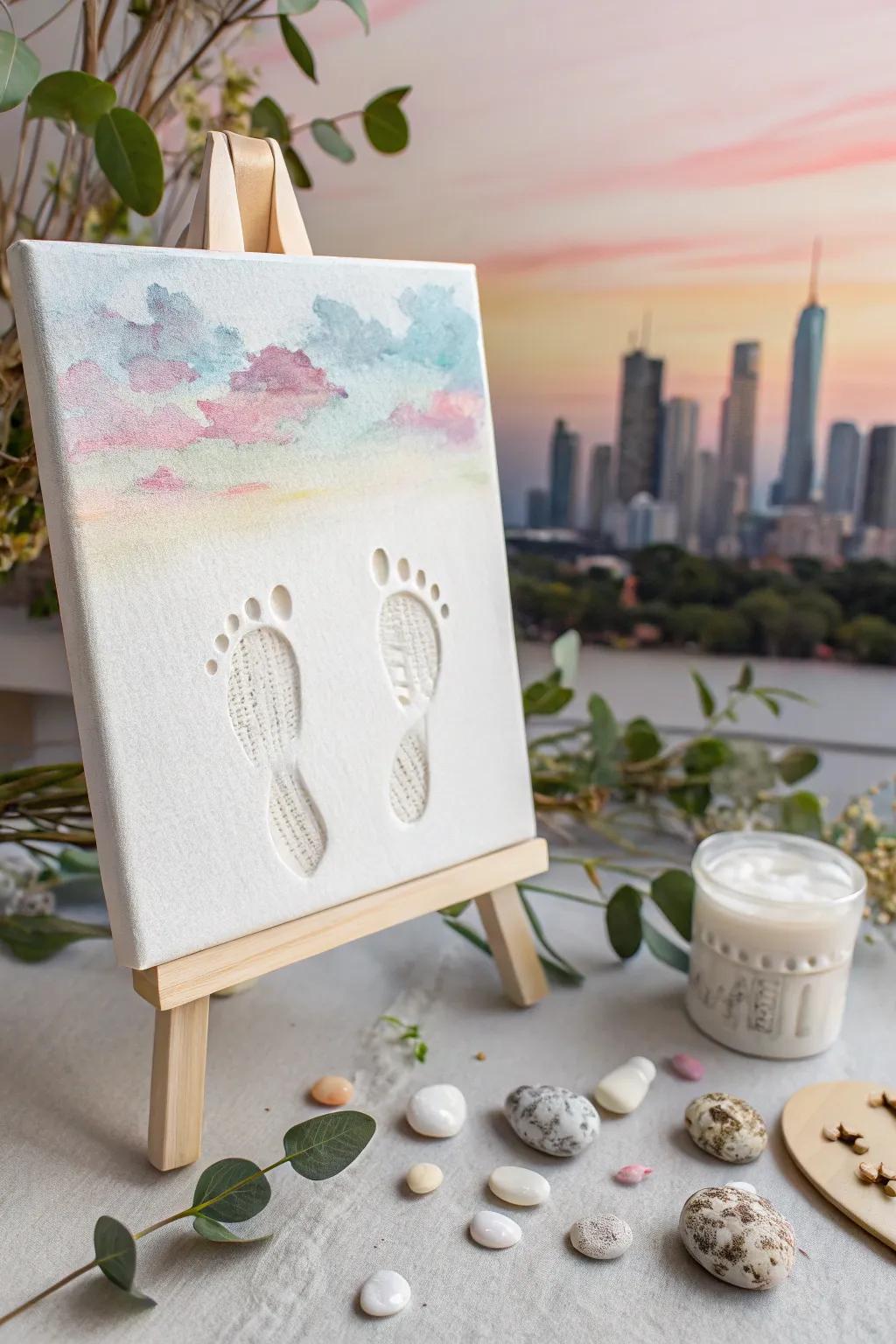 Create a city skyline using baby footprints as towering skyscrapers, symbolizing big dreams.
