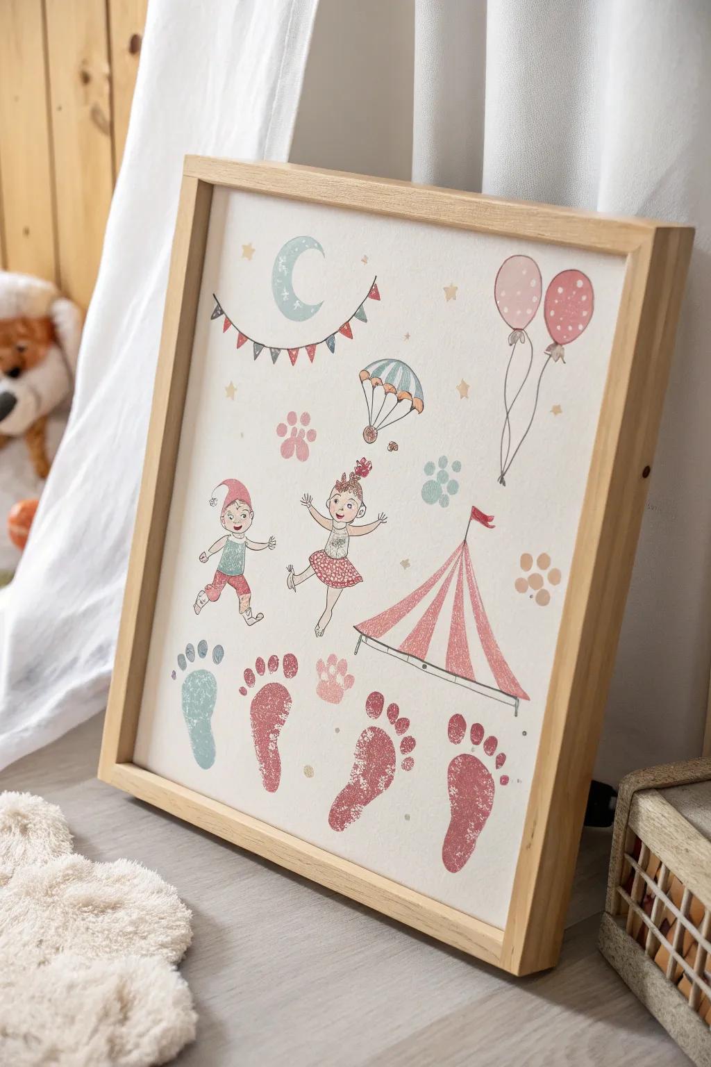 A lively circus scene created from tiny footprints, full of acrobats and clowns.