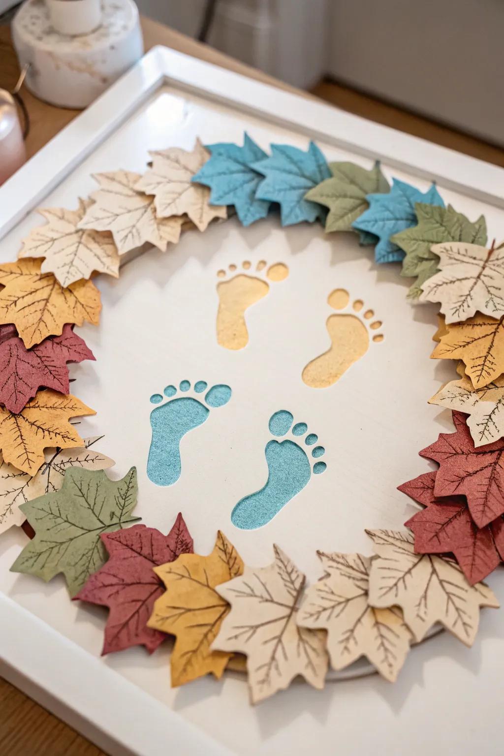 A handcrafted footprint wreath that changes with the seasons, adding a personal touch to your home.