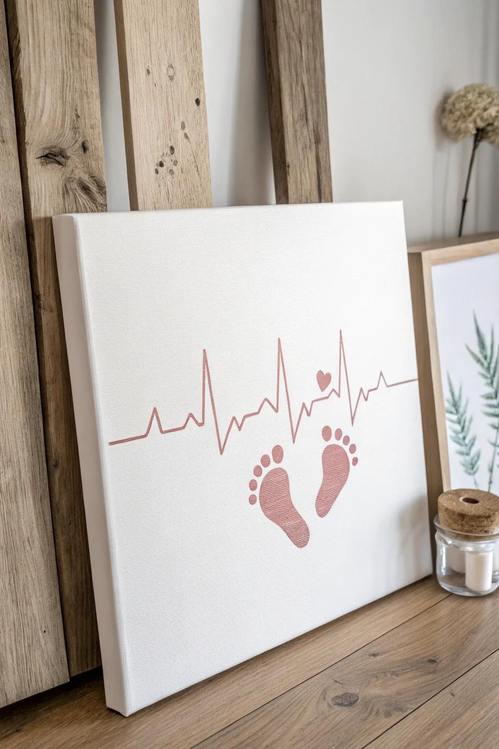 An artistic heartbeat line punctuated by tiny baby footprints, symbolizing love and life.