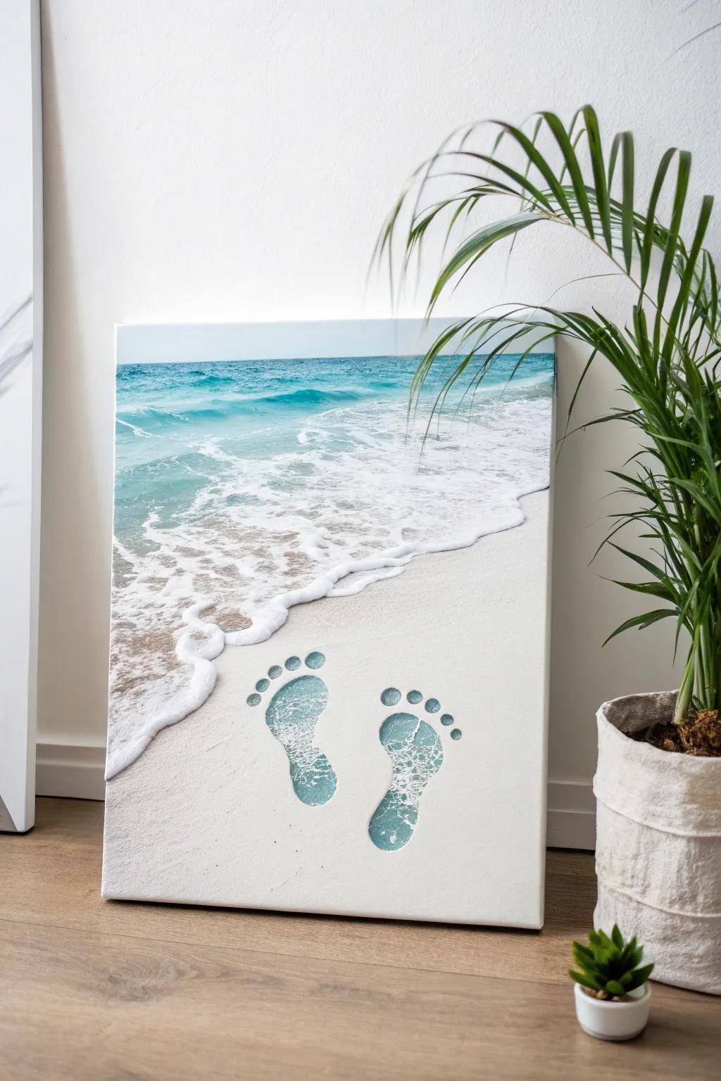 Serene ocean waves created with baby footprints as the wave crests, evoking calm and tranquility.