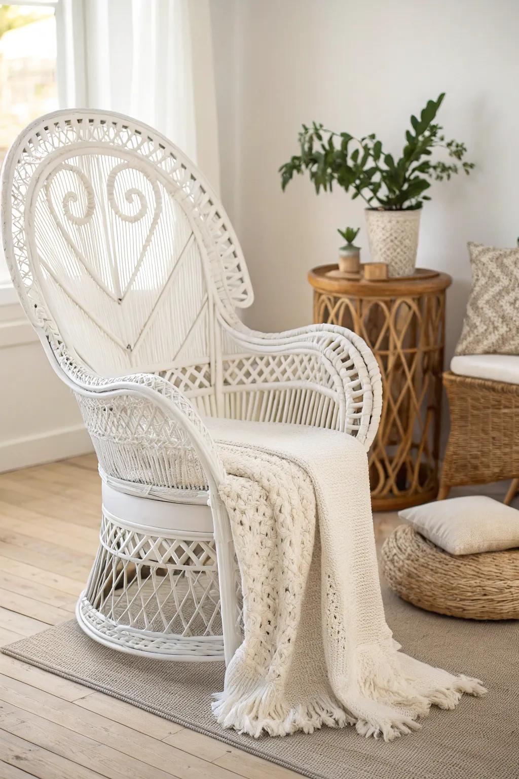 Classic white wicker chair exuding clean lines and understated elegance.