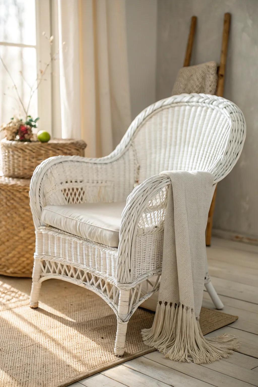 Wicker furniture with a distressed white finish, evoking cozy shabby chic style.