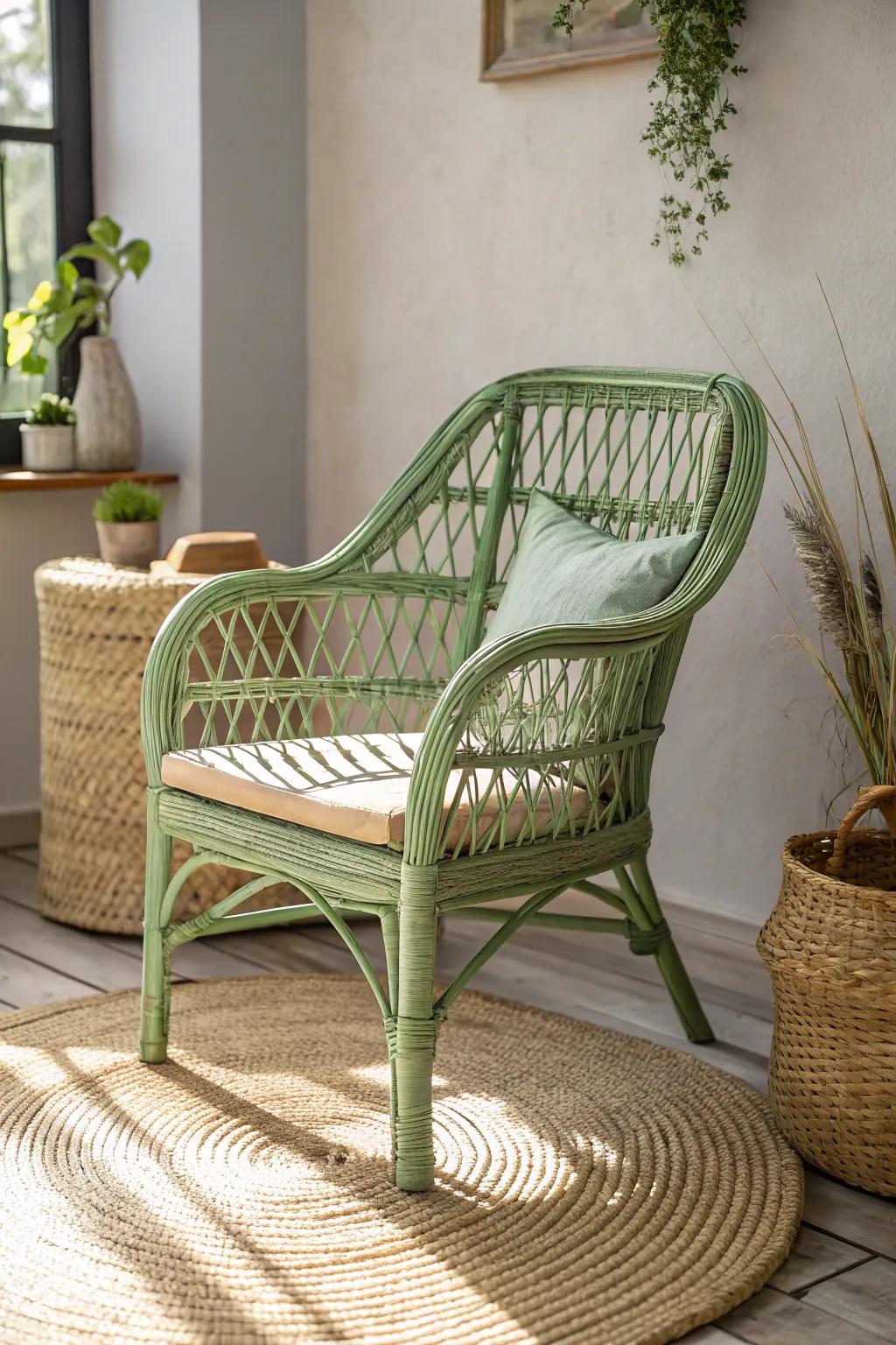 Earthy green wicker furniture that brings a refreshing natural vibe indoors.