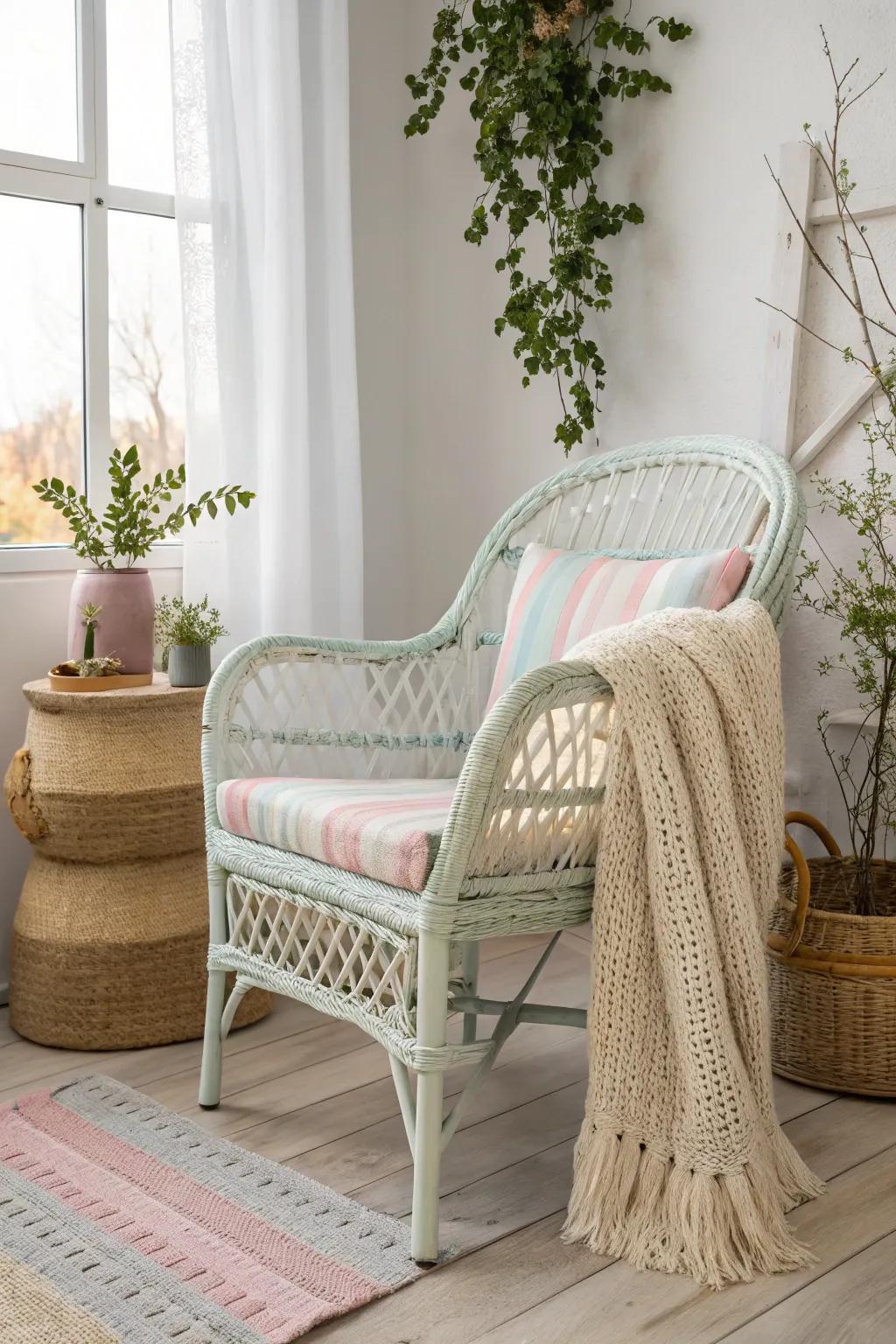 Pastel layered paint on wicker furniture creating a textured, artistic effect.