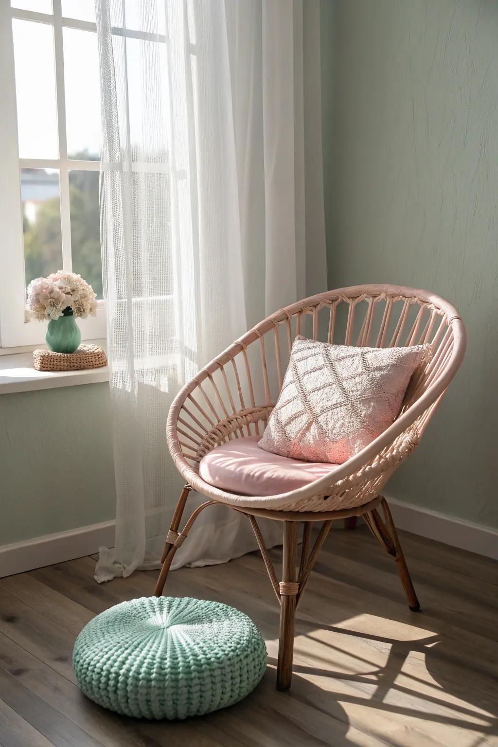 Pastel-painted wicker furniture creating a soft and inviting atmosphere.