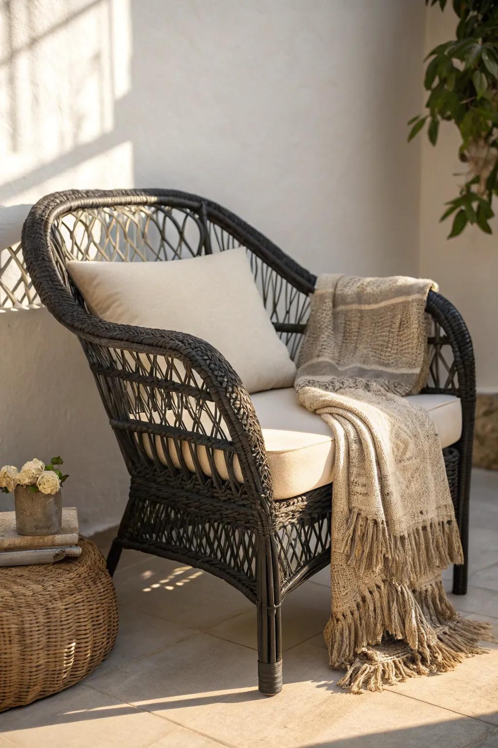 Modern black wicker furniture offering a chic and minimalist aesthetic.