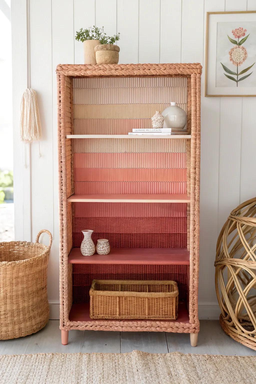 Chic ombre-painted wicker bookshelf adding a modern bohemian touch to interiors.
