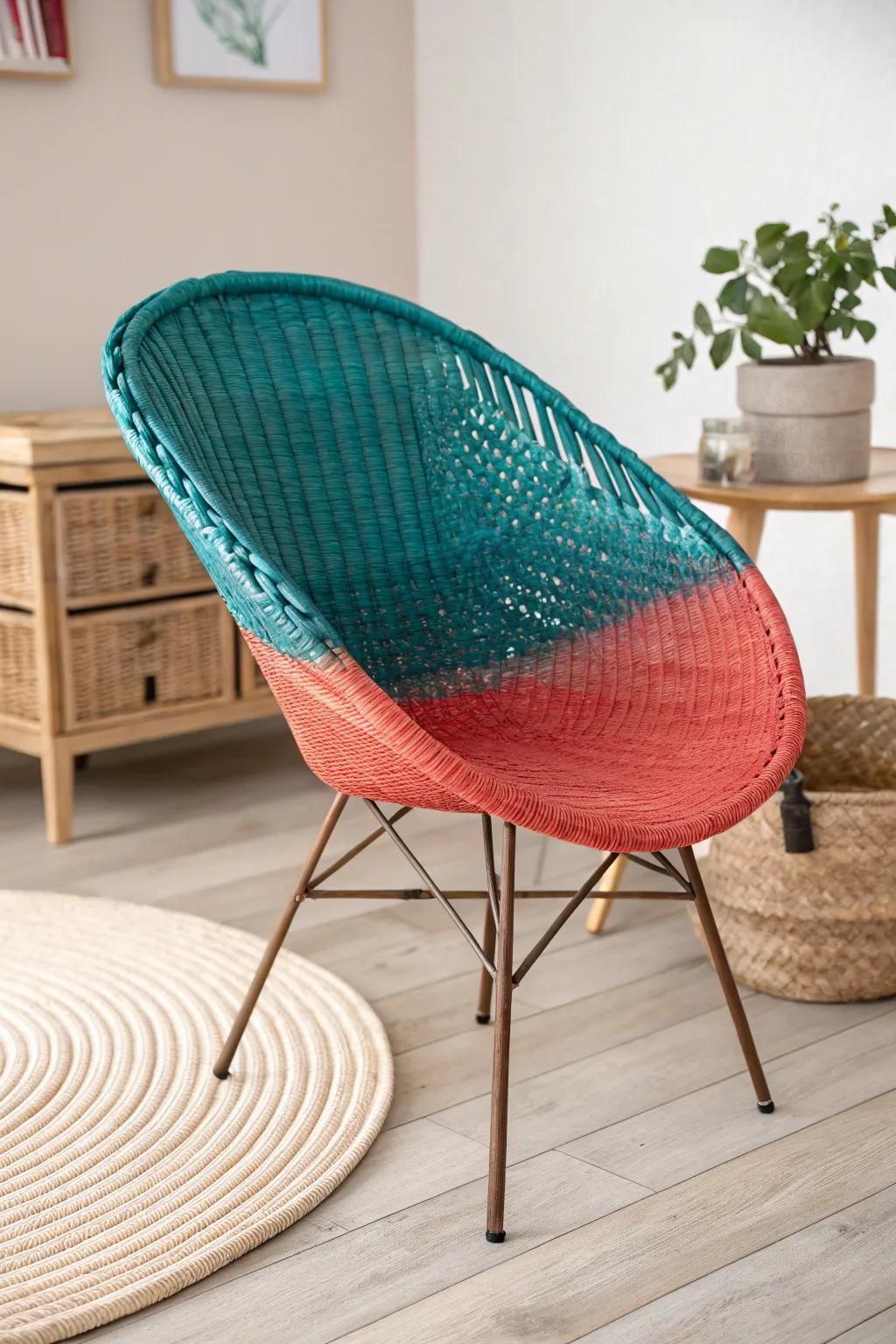 Teal to coral ombre effect on wicker furniture creating a striking visual centerpiece.