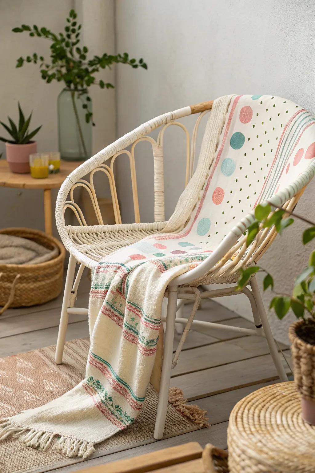 Wicker furniture adorned with lively patterns for a fun, boho-inspired look.