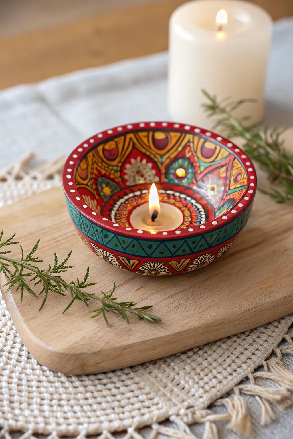 Create serene mandala designs on diyas for a blend of art and mindfulness.