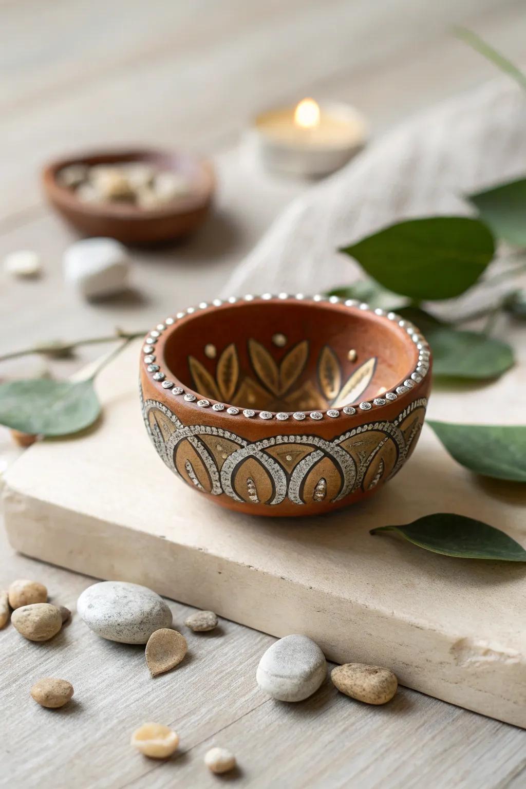 Add sophistication with gold and silver metallic accents on your diyas.