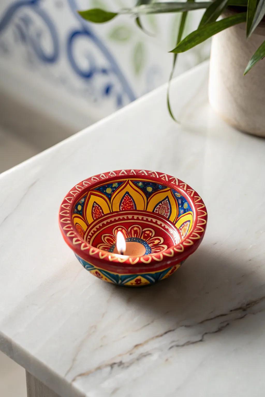 Light up your space with vibrant, colorful diyas that radiate festive energy.