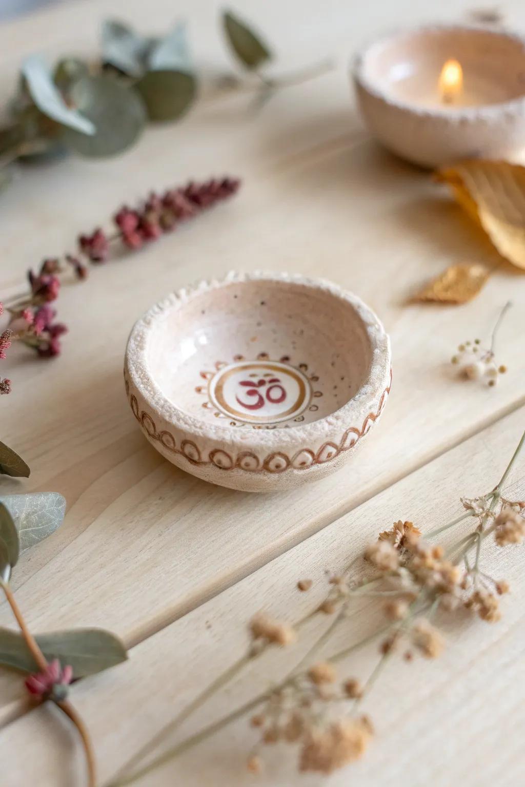 Add a serene spiritual element with diyas featuring the Om symbol.