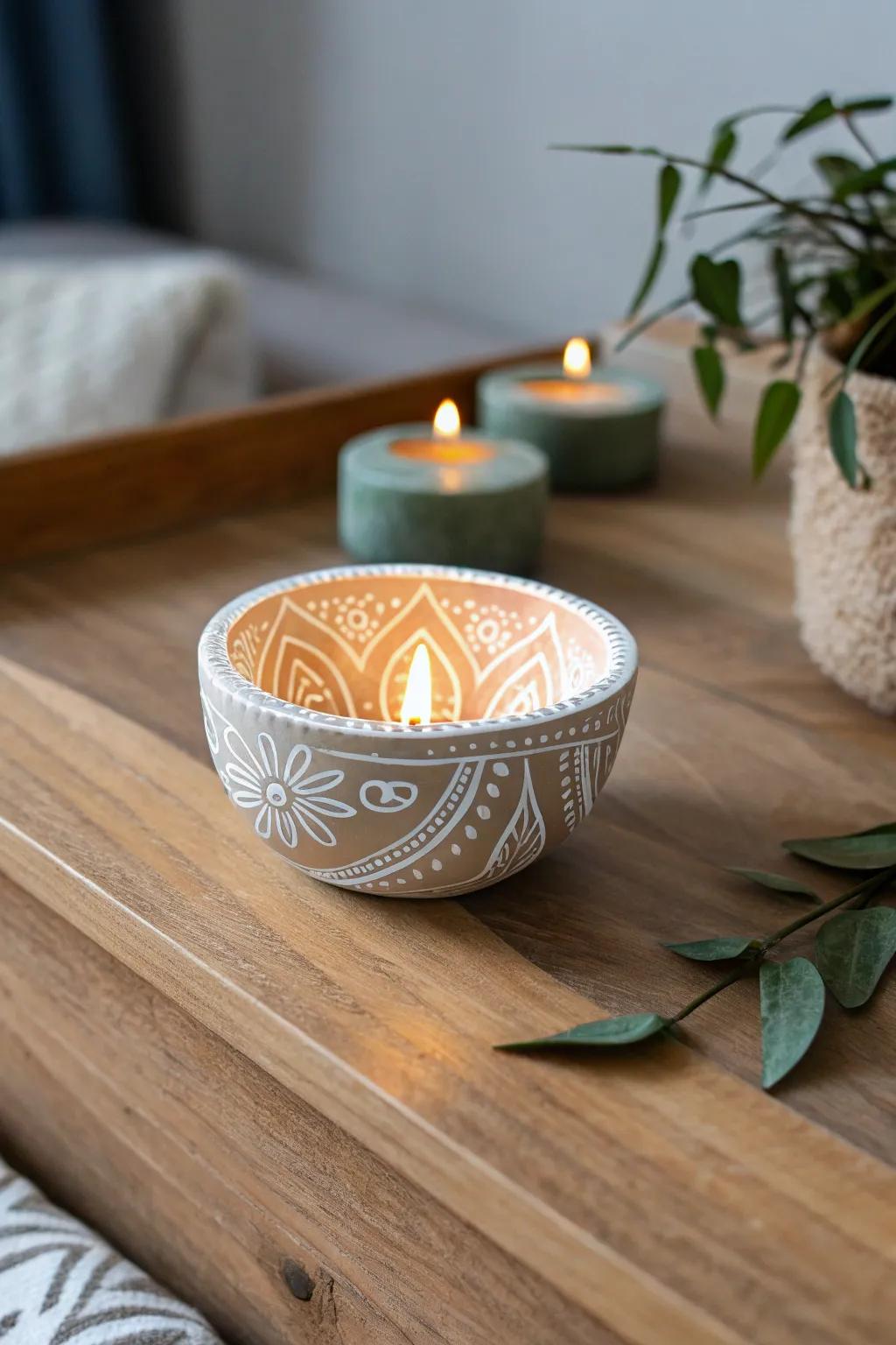 Create magical ambiance with diyas painted in glow-in-the-dark colors.
