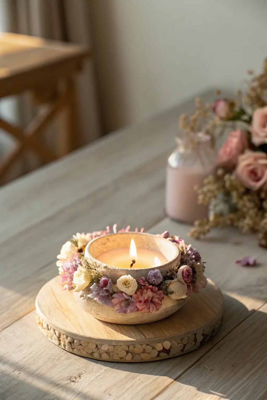 Bring freshness to your diyas with charming floral decorations.
