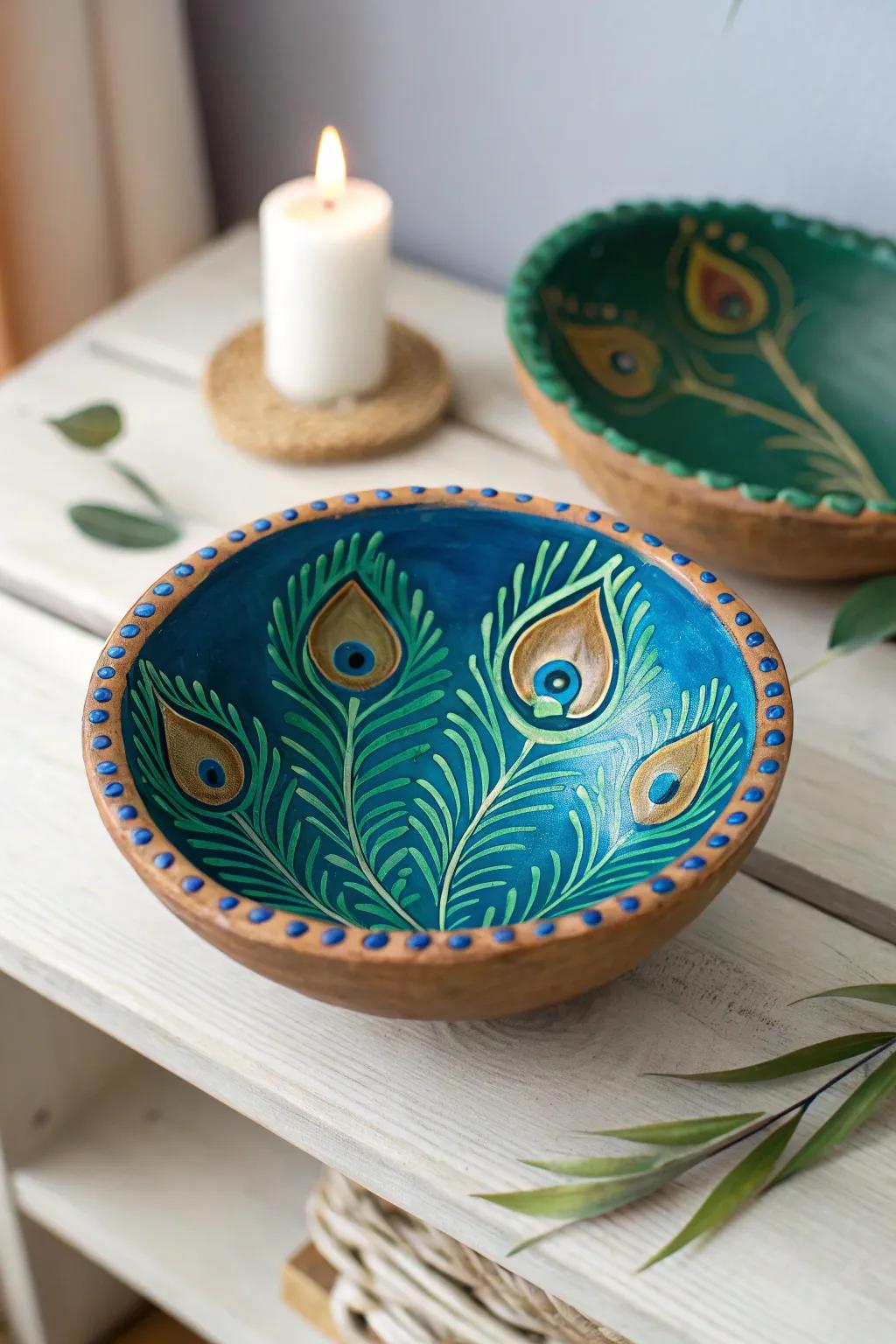 Add elegance with peacock feather-inspired designs on your diyas.