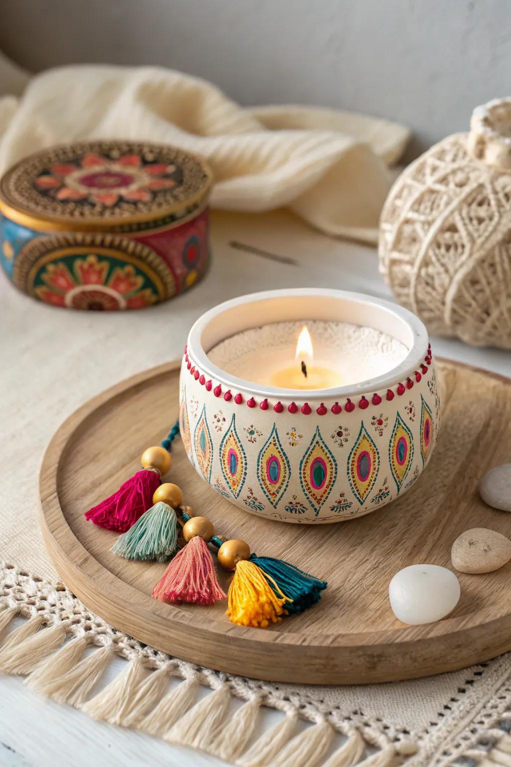 Add a playful boho flair to your diyas with tassels and vibrant patterns.