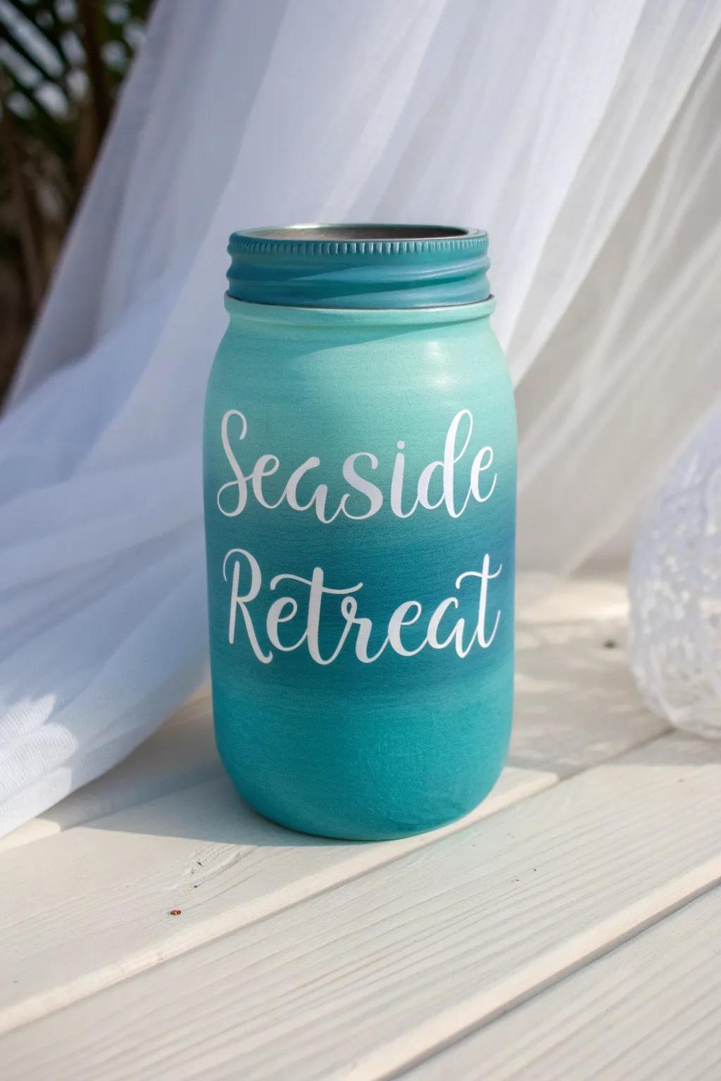 Create a serene beach vibe with blue-toned mason jar signs