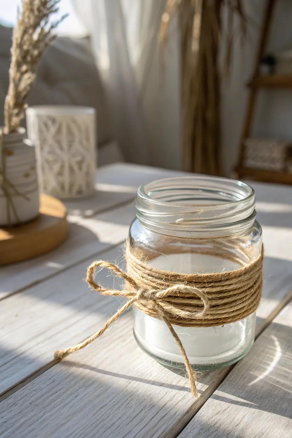 Add rustic texture with twine-wrapped mason jars