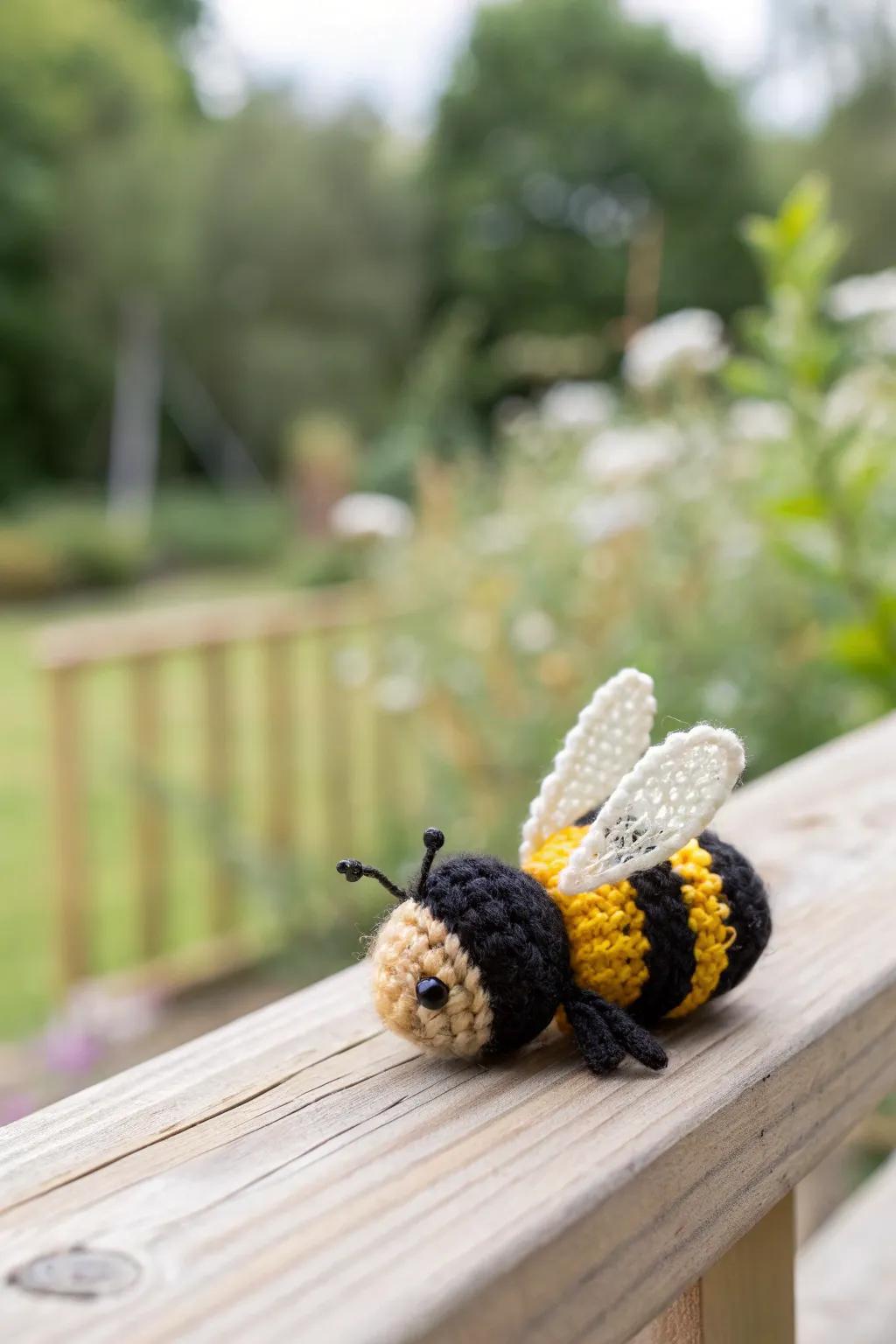 Charming miniature crochet bees bring a playful buzz to gardens and green spaces.