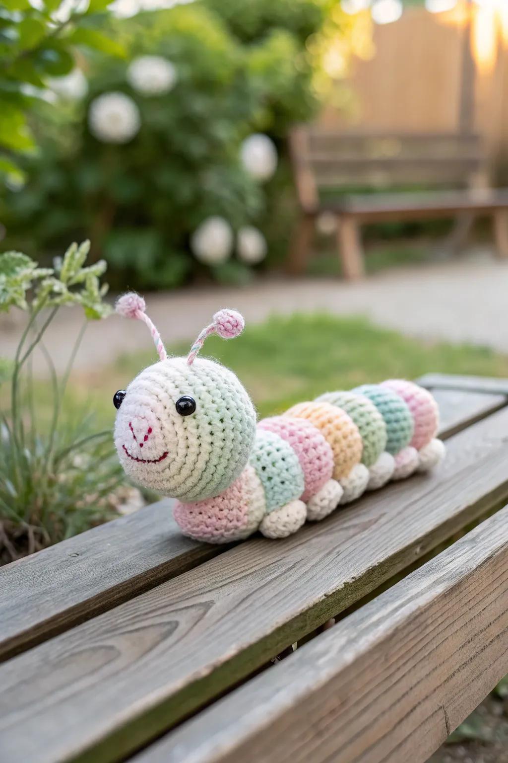 Whimsical crochet caterpillars add a playful charm to outdoor spaces.