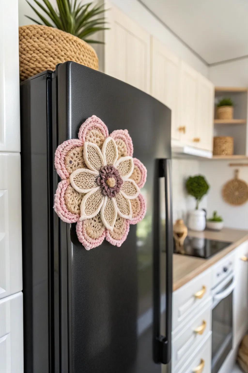 Handmade crochet magnets that bring a playful touch to your fridge or locker.
