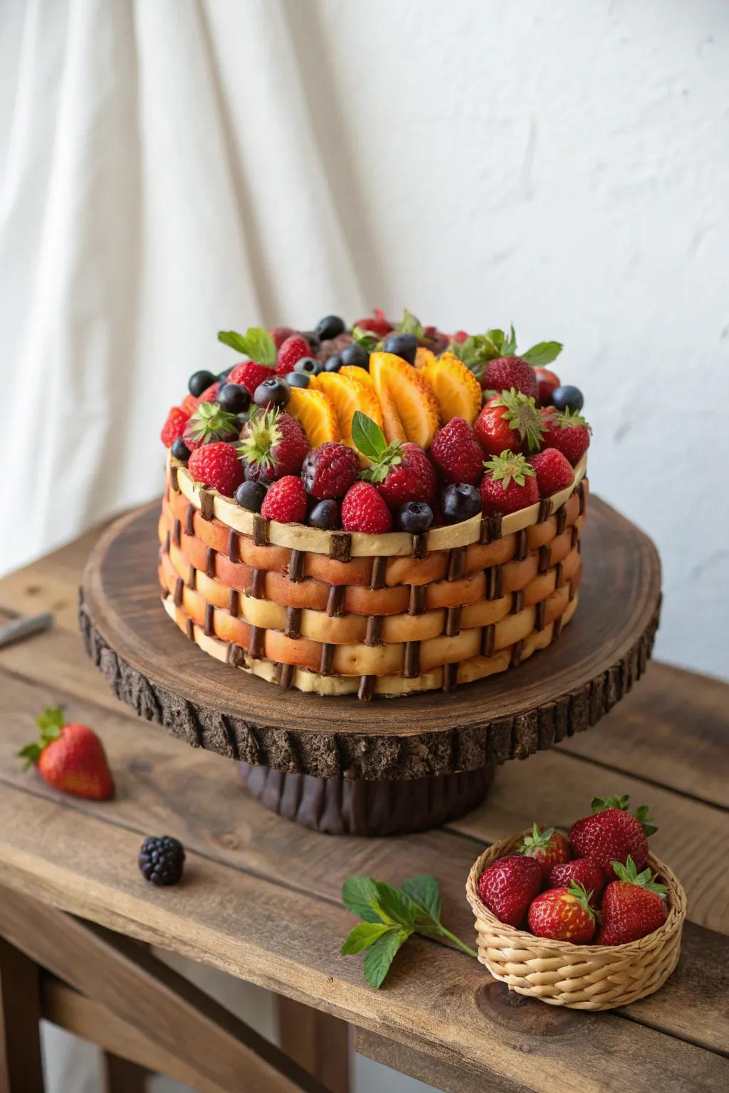 Celebrate natural beauty with a fruit-adorned basket cake, blending freshness and elegance.