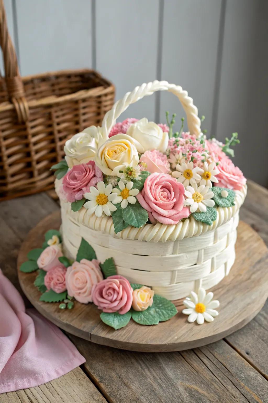 Celebrate nature's beauty with a basket cake adorned with delicate icing flowers.