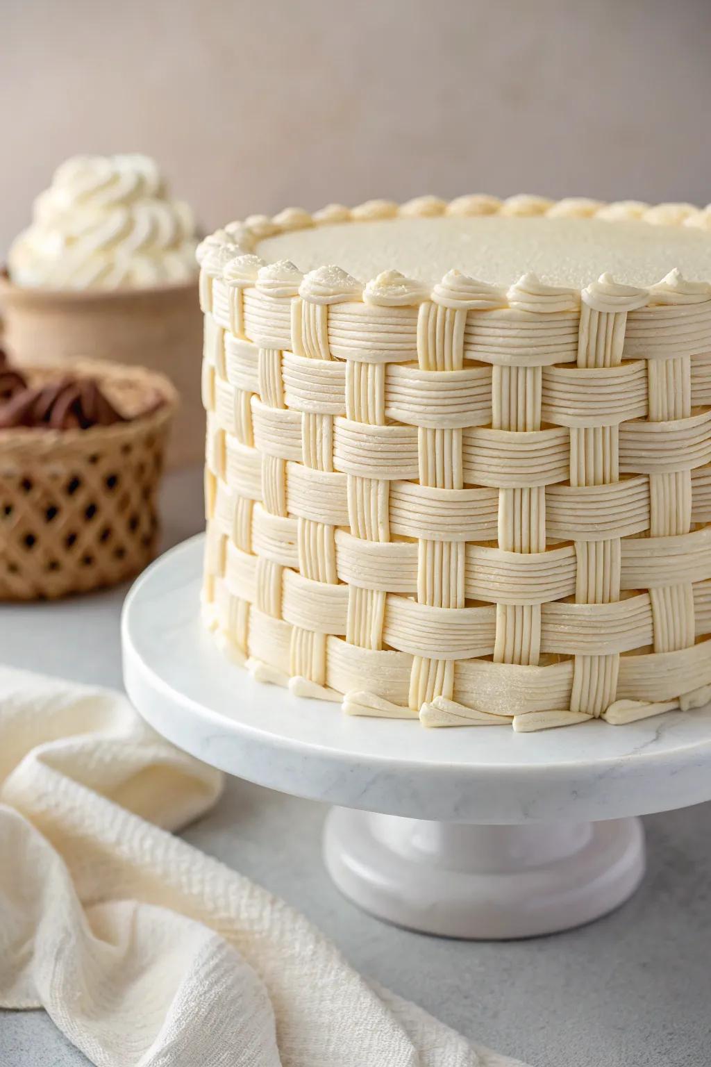 Celebrate enduring style with a classic basket weave cake, showcasing expert buttercream work.