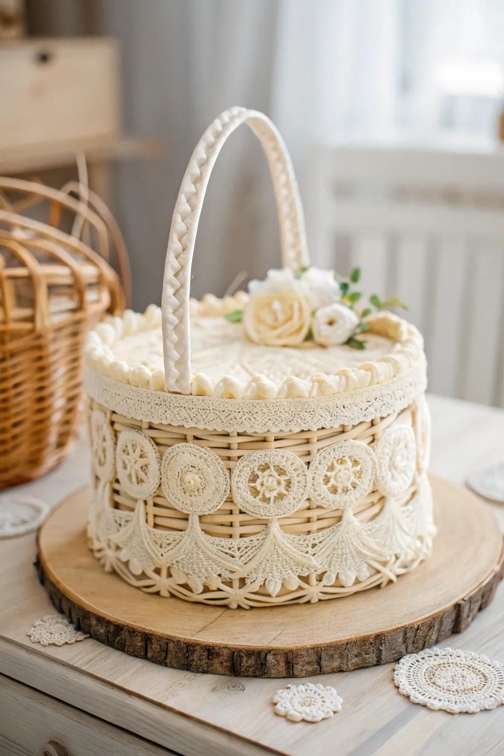 Add sophistication with delicate edible lace accents on your basket cake.