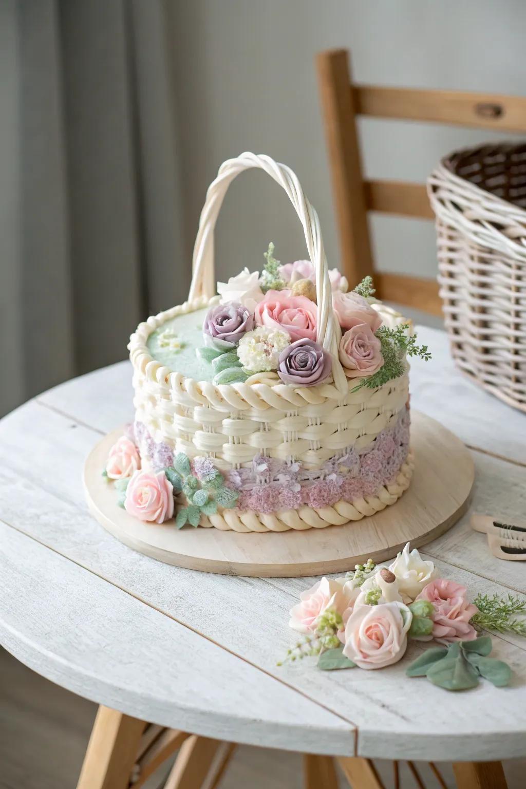 Enjoy the gentle charm of pastel hues on a basket cake, perfect for elegant occasions.