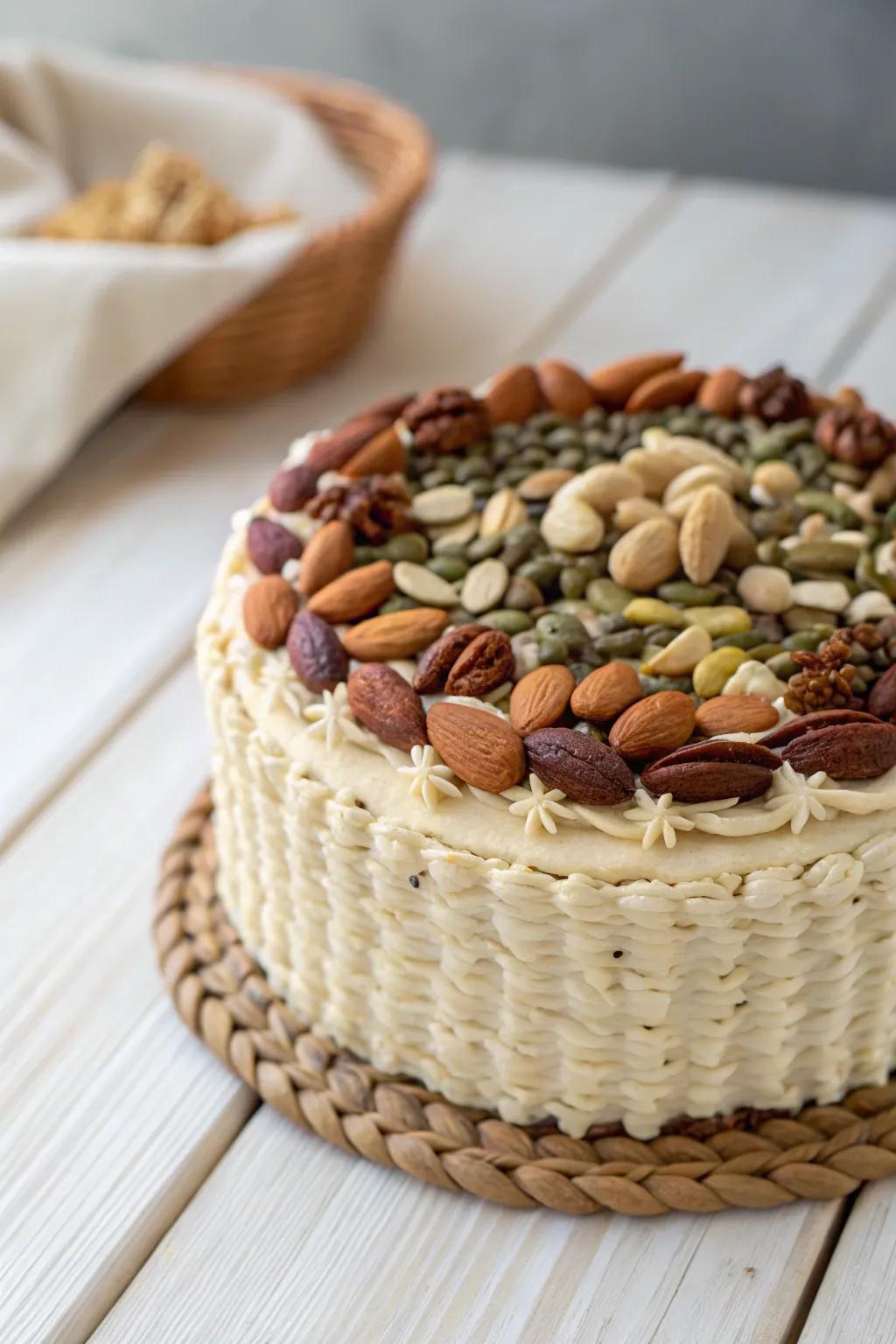 Celebrate nature's bounty with a basket cake topped with wholesome nuts and seeds.