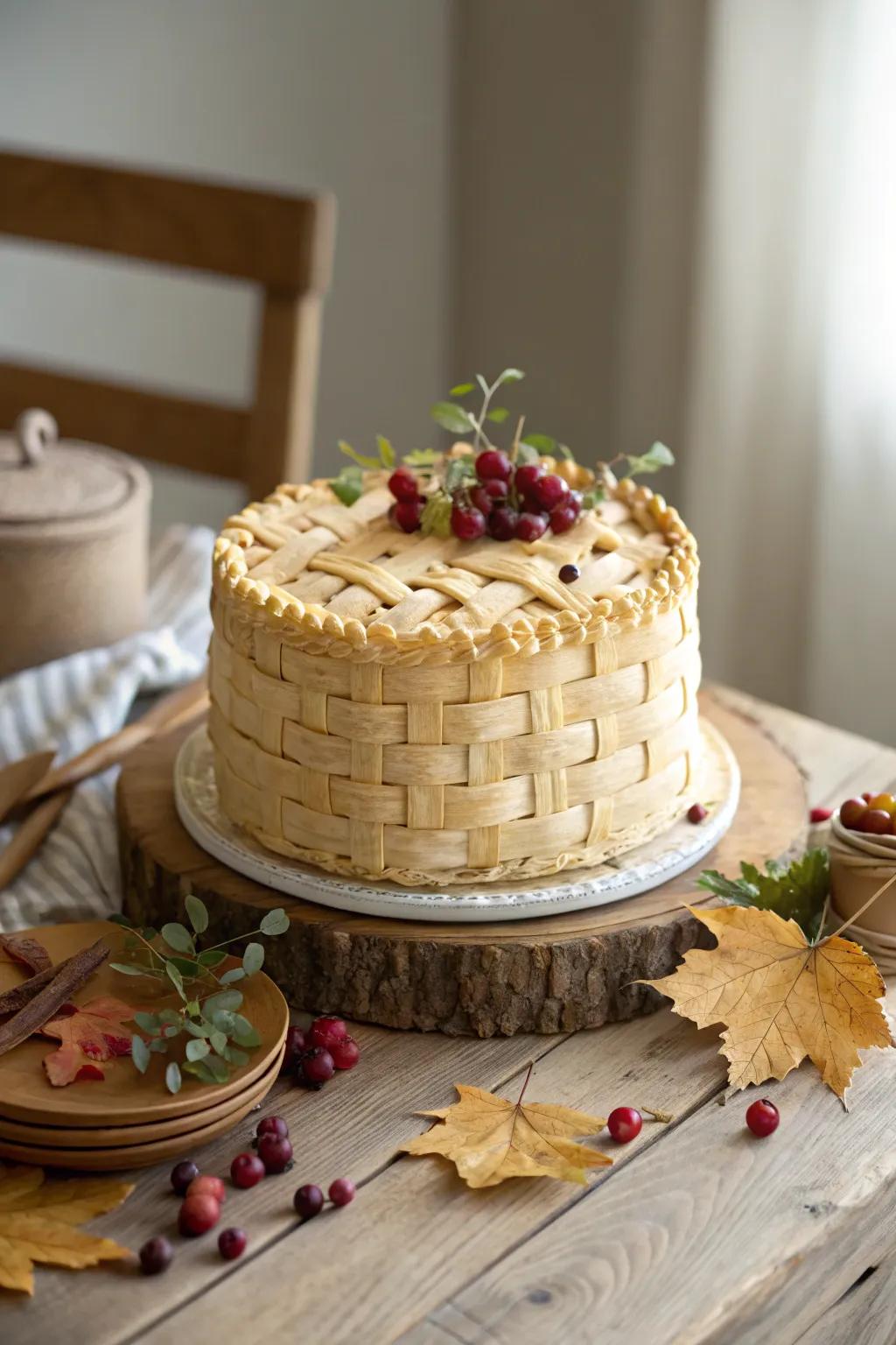 Celebrate the seasons with a basket cake adorned with seasonal foliage and berries.