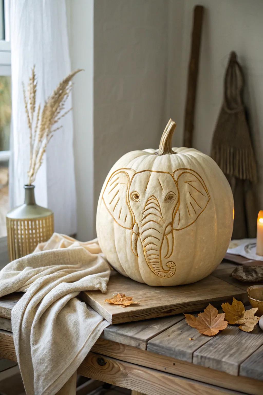 Showcase the grandeur of elephants with a minimalist yet charming pumpkin carving.