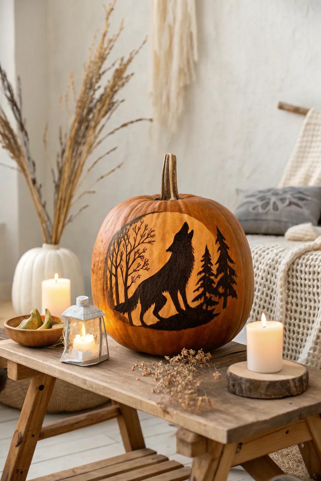 Celebrate the wild with a howling wolf pumpkin carving, merging natural beauty and artistic skill.
