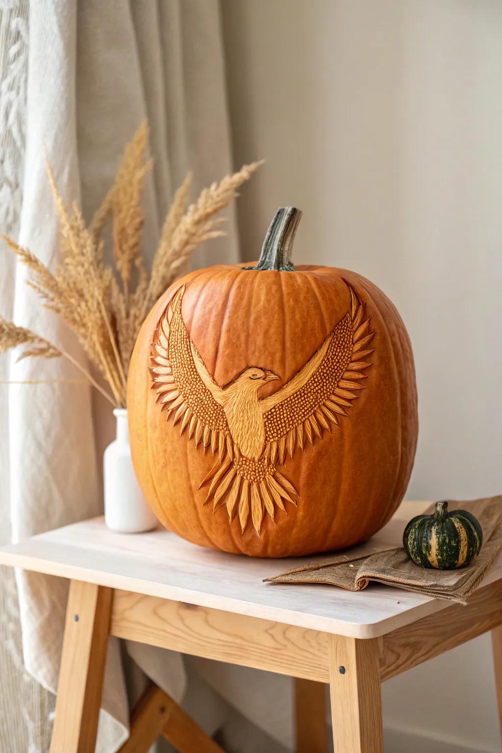 Elevate your fall decor with a soaring eagle pumpkin carving, symbolizing freedom and grace.
