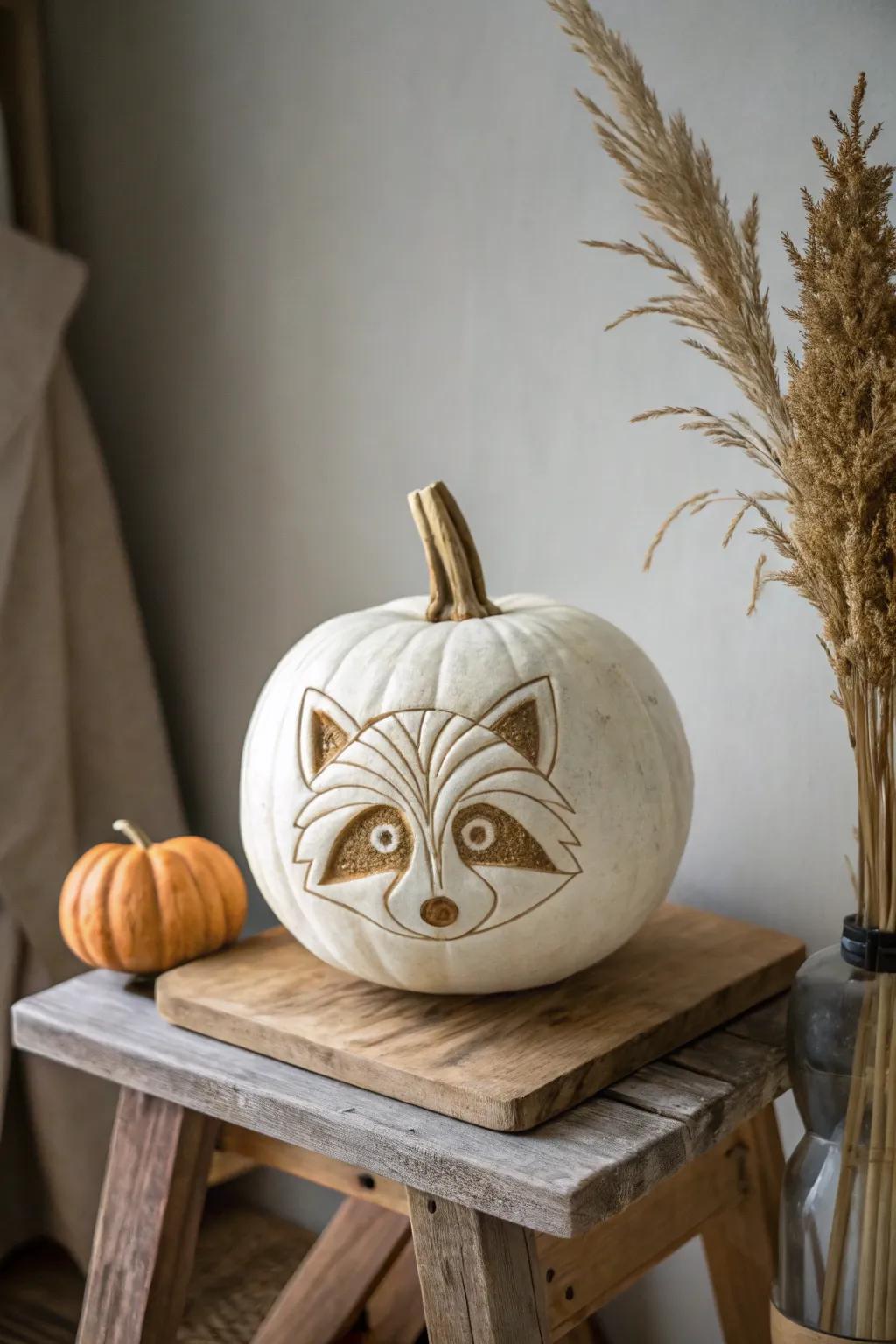 Add a touch of playful mystery with a raccoon pumpkin carving featuring Scandinavian minimalism.