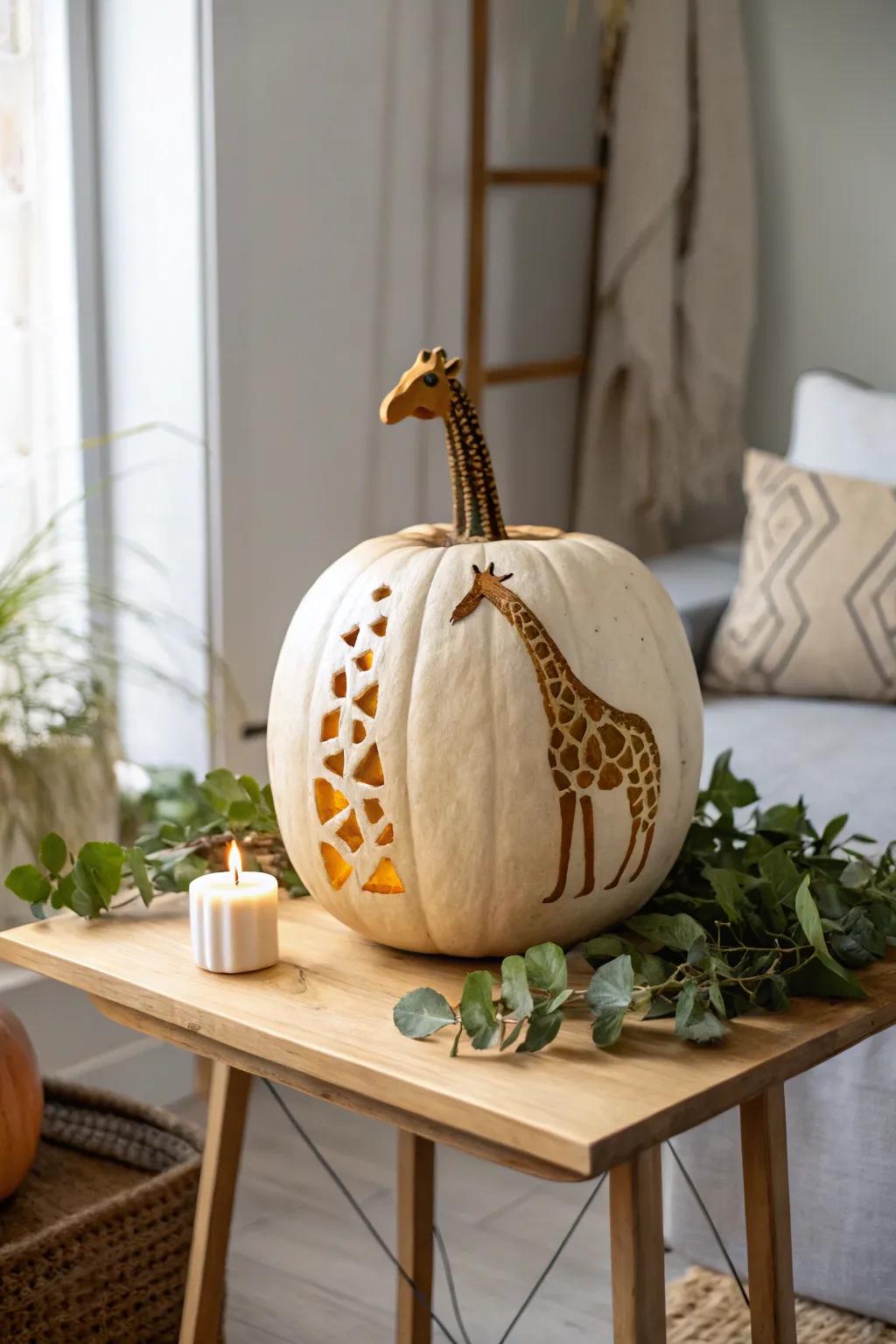 Celebrate nature's elegance with a giraffe pumpkin carving, perfect for family-friendly fall fun.