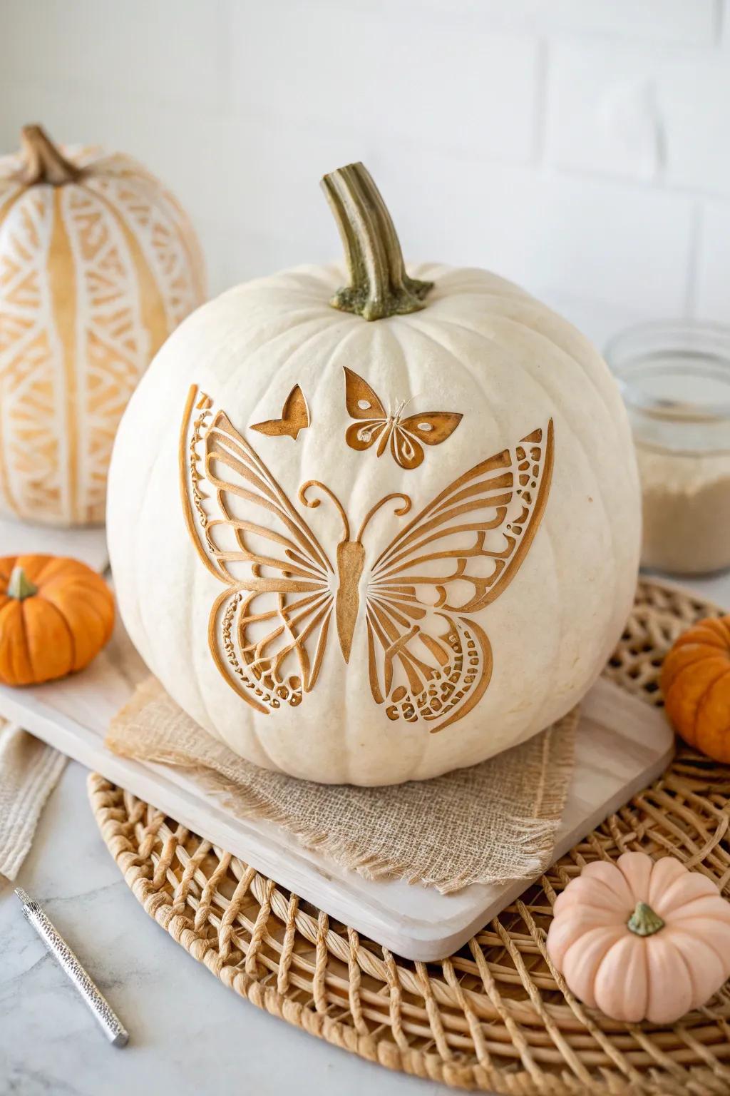 Enchant your fall display with a butterfly pumpkin carving, blending delicate artistry and natural beauty.