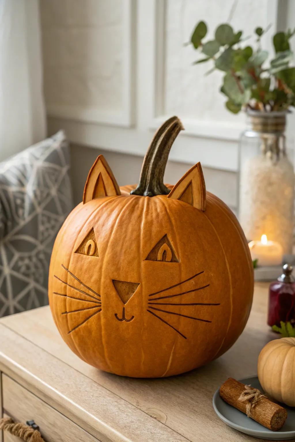 Celebrate Halloween with a charming cat pumpkin carving, combining minimalist design and playful spirit.