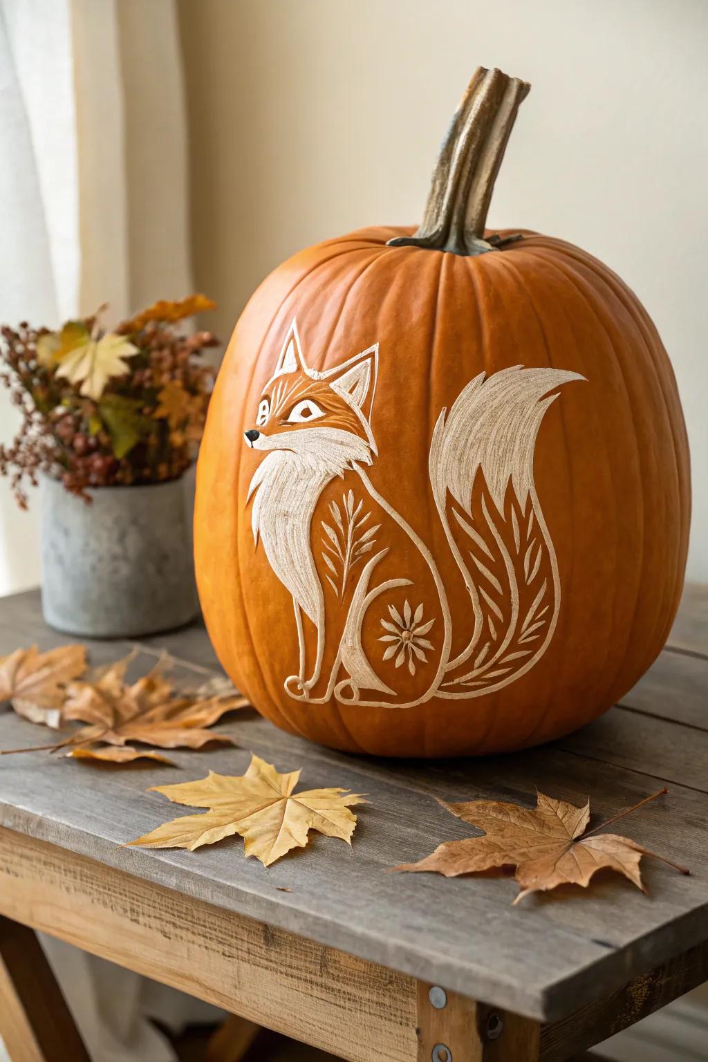 Capture the sly charm of a fox with an elegantly carved pumpkin, perfect for autumnal decor.