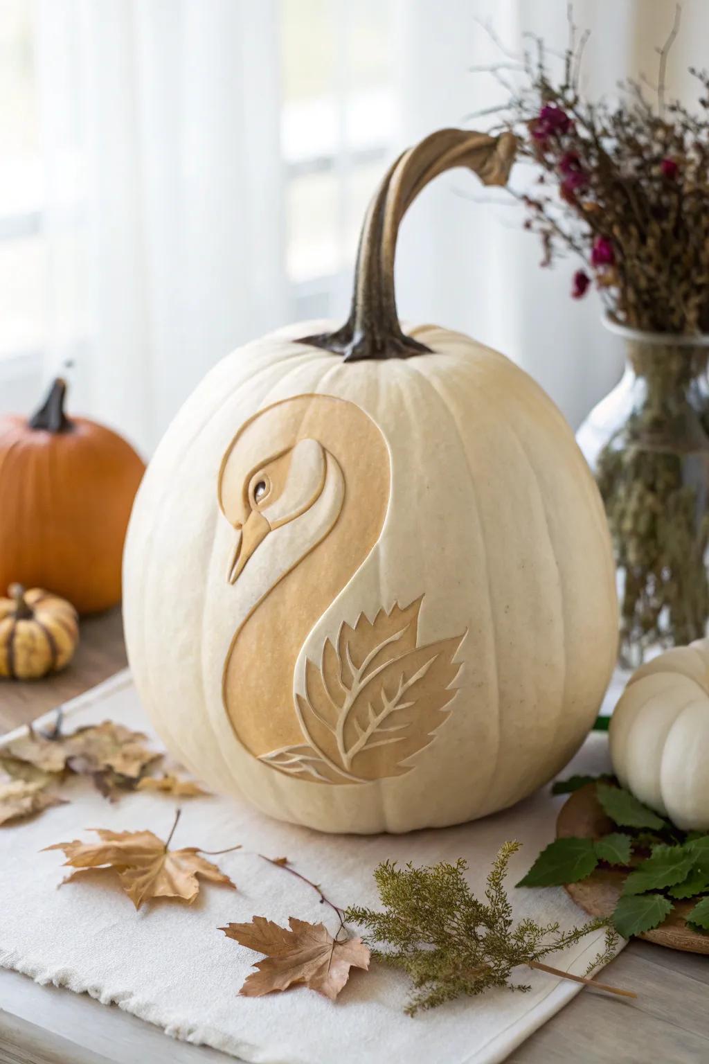 Add sophistication to your autumn decor with a graceful swan pumpkin carving.