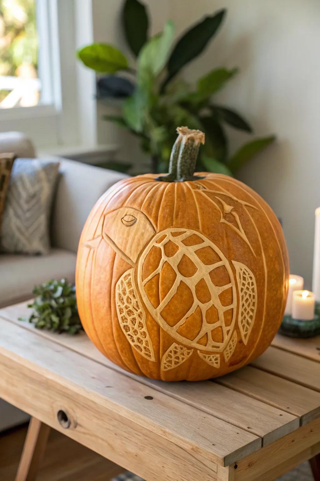 Bring calm and wisdom to your Halloween with a turtle pumpkin carving.
