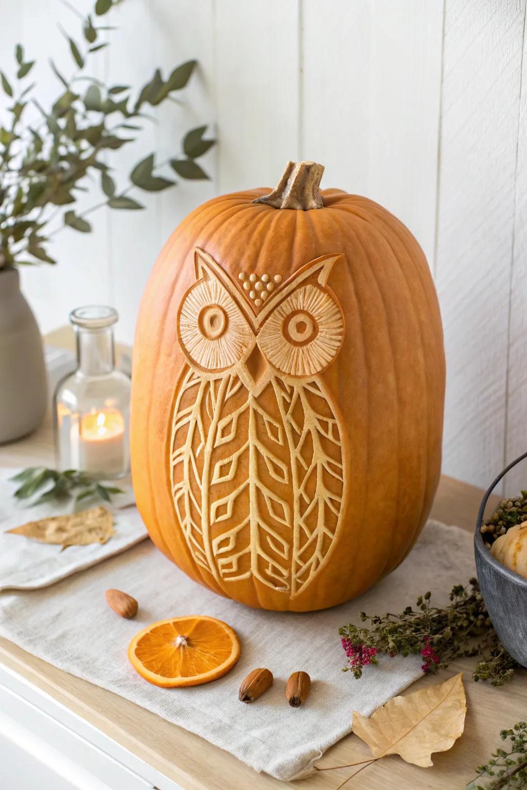Capture autumn's mystique with a beautifully carved owl pumpkin.