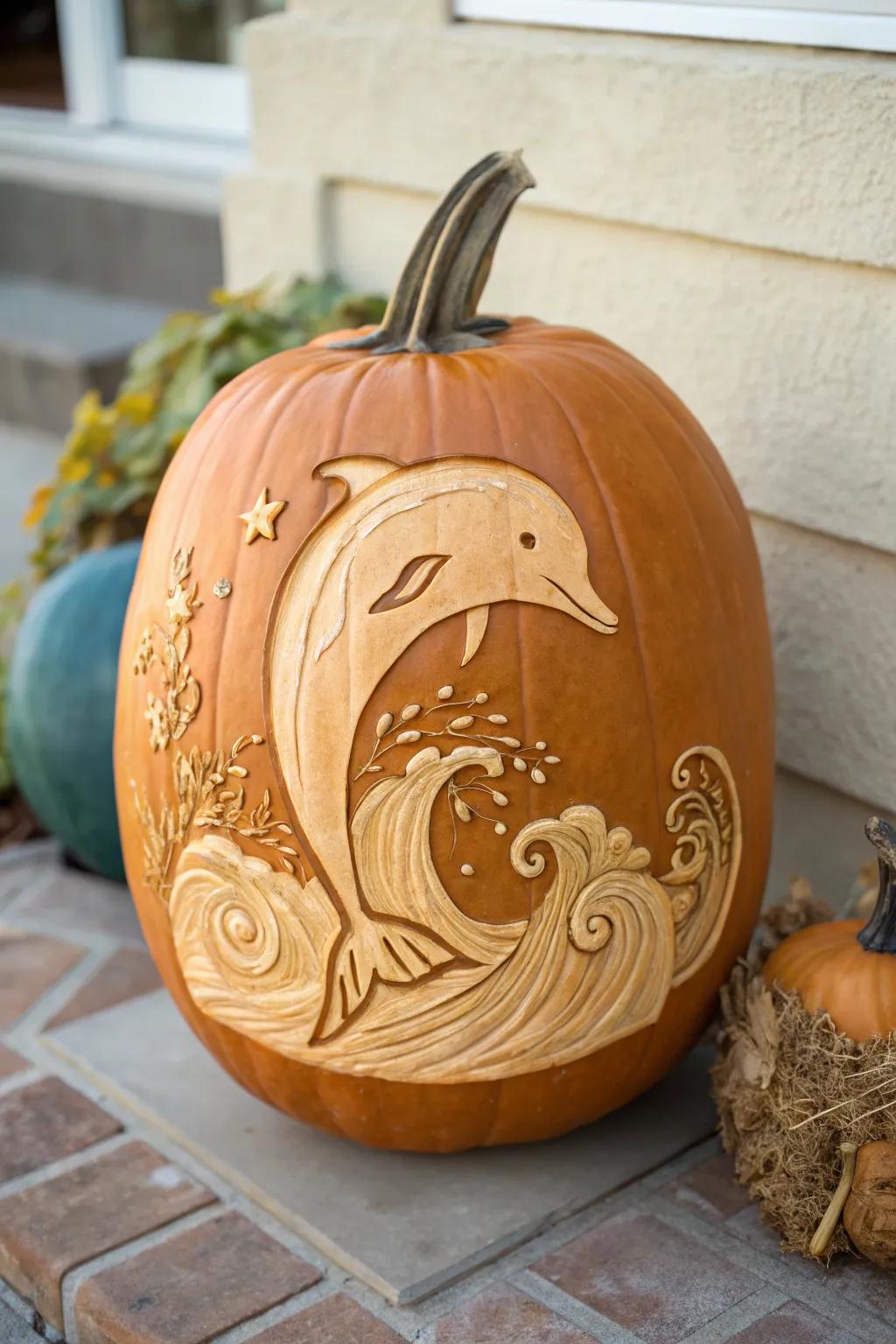 Add a splash of oceanic whimsy to your autumn with a dolphin pumpkin carving.