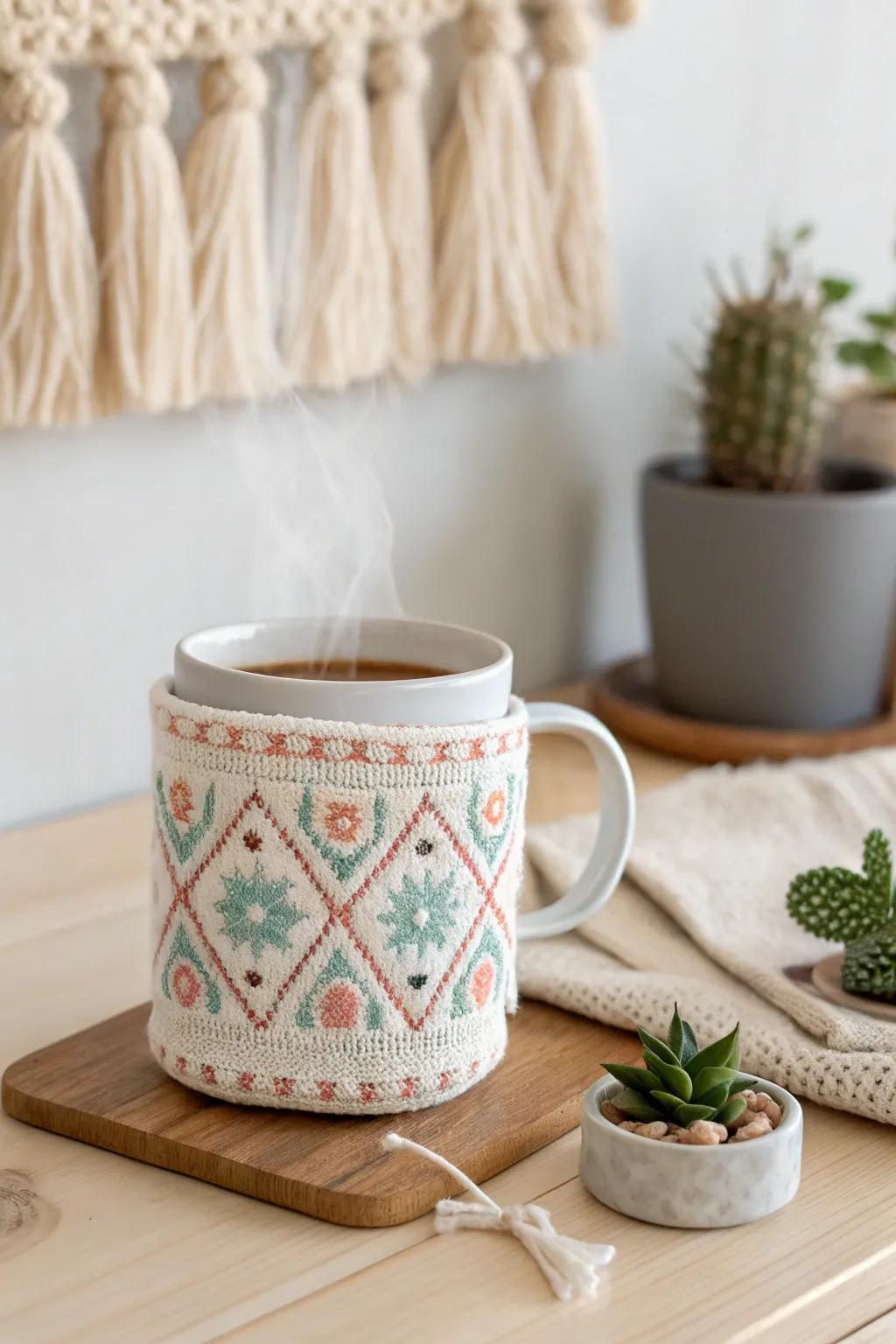 Add a handmade touch to your coffee routine with a cross stitch mug cozy.