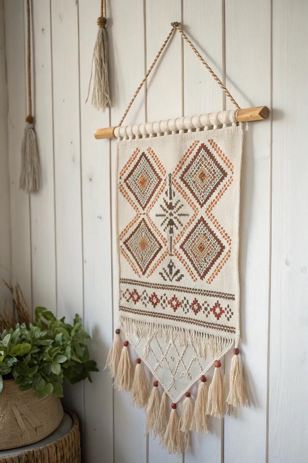Add artistic charm to your walls with a handmade cross stitch banner.
